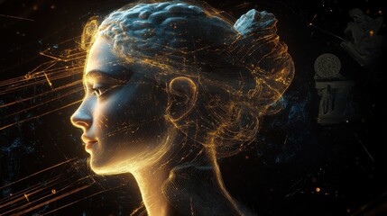 Aufkleber - Serene profile visualization of a woman in a mystical setting with glowing outlines and intricate details