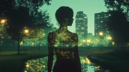 Poster - Serene silhouette of a woman in a city park illuminated by soft lights at dusk