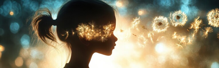 Poster - Silhouette of a child surrounded by dandelion seeds at sunset in a tranquil garden setting