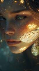 Aufkleber - Serene portrait of a woman's glowing face adorned with ethereal light and delicate wings set in a tranquil environment