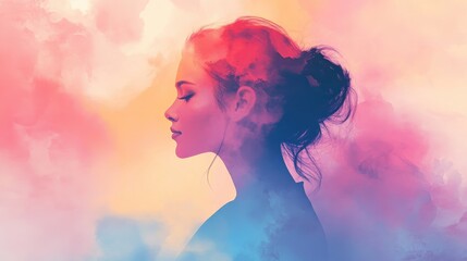 Aufkleber - Serene portrait of a glowing woman with vibrant colors creating a tranquil atmosphere in a dreamy setting