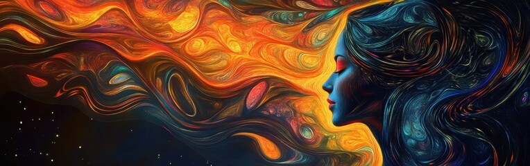 Aufkleber - Serene portrait of a glowing woman with vibrant flowing hair set against a cosmic backdrop