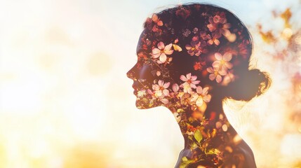 Poster - Woman with a floral glow surrounded by soft sunlight in an outdoor setting at dawn