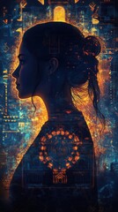 Poster - Glowing portrait of a woman surrounded by vibrant cosmic elements in an ethereal atmosphere