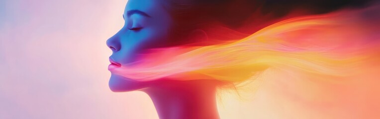 Poster - Woman radiating serenity with flowing colors at dusk in a tranquil setting