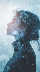 Aufkleber - Glowing portrait of a woman amidst serene water, blending tranquility and emotion in a captivating underwater atmosphere