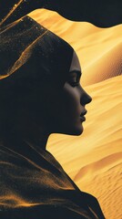 Poster - Serene portrait of a woman in a desert landscape glowing with golden sands at sunset