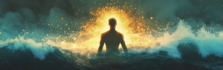 Poster - Serene portrait of a man immersed in glowing water under a tranquil sky at dusk