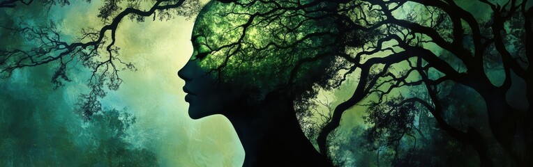 Aufkleber - Serene portrait of a woman surrounded by lush greenery in a tranquil forest setting