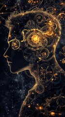 Fototapete - Portrait of a man illuminated by glowing gears and soft light against a starry background showcasing a blend of technology and human emotion