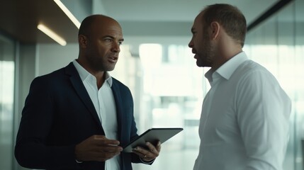 Aufkleber - Professional conversation between two men in a modern office setting discussing business strategies and ideas