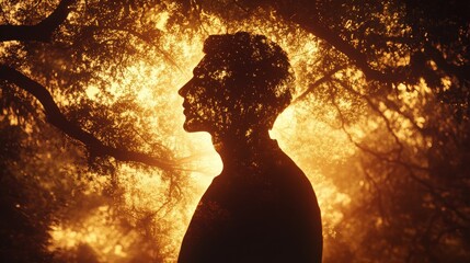 Leinwandbilder - Mystical silhouette of a man surrounded by luminous foliage at sunset in a tranquil forest