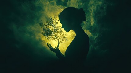 Poster - Mystical representation of a meditating woman surrounded by ethereal light and nature