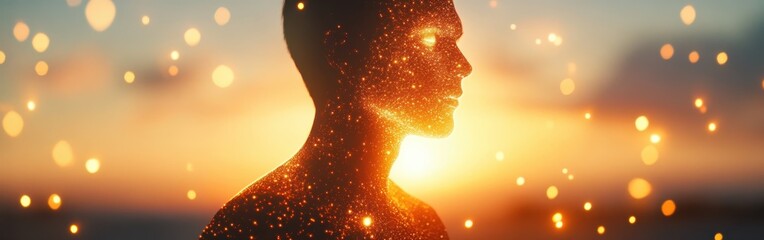 Leinwandbilder - Mystical silhouette of a man illuminated by a golden sunset with sparkling elements and ethereal background