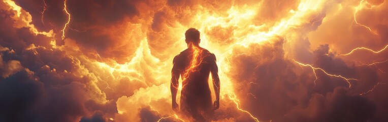 Wall Mural - mans silhouette surrounded by mystical lightning and swirling clouds at dusk in a dramatic display o