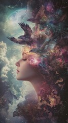 Aufkleber - Mystical woman radiating light with birds soaring around her in a cosmic landscape at dusk