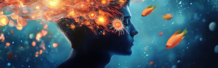 Leinwandbilder - Mystical profile of a man filled with vibrant underwater scenery and glowing elements conveying a surreal dreamscape