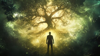 Poster - Mystical silhouette of a man standing before a glowing tree in an enchanted forest at twilight