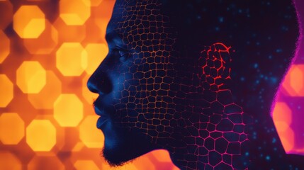 Poster - Mystical profile of a man filled with vibrant patterns against an orange hexagonal backdrop
