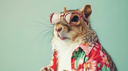 Wall Mural - a squirrel wearing sunglasses and a hawaiian shirt is looking at the camera with a surprised express