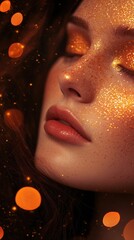 Poster - Luxurious gradient lighting on a woman's face with sparkling gold accents at dusk