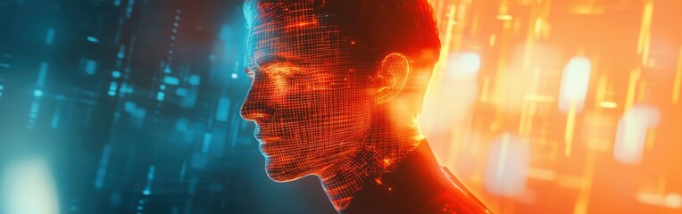 Poster - Dynamic profile of a man's face filled with vibrant digital patterns and colors representing technology and innovation