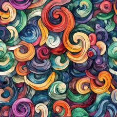 Fototapete - Dynamic doodle cartoon drawings in vibrant watercolor style showcasing swirling patterns and colors