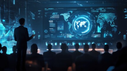 Poster - Dynamic business presentation on global trends and analytics in a high-tech conference room setting