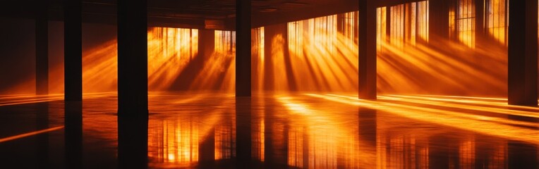 Poster - Cinematic space illuminated by golden rays of light casting long shadows on a reflective surface during twilight