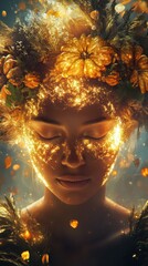 Aufkleber - Glowing woman with floral crown radiating light in a mystical forest setting during twilight hours