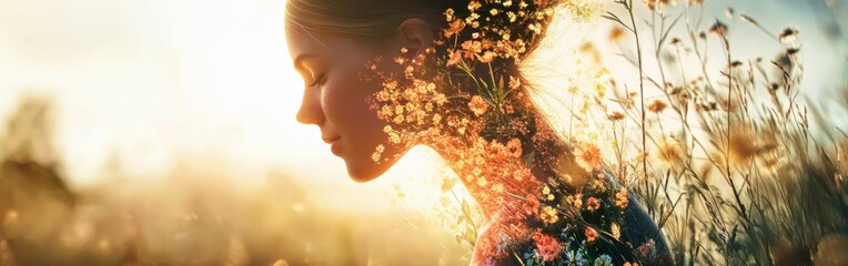 Poster - Woman glowing with floral essence in a sunlit meadow during a serene afternoon