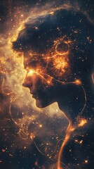 Leinwandbilder - Conceptual exploration of a man's profile illuminated by cosmic elements in a surreal landscape