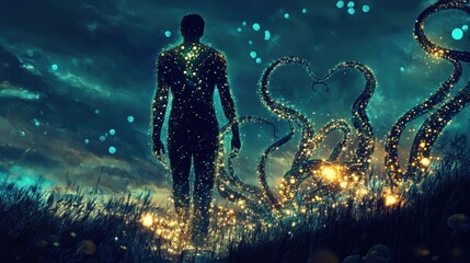 Poster - Man illuminated with ethereal glow surrounded by swirling tentacles in a mystical landscape at twilight