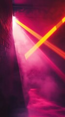 Poster - High-energy space illuminated by crimson and neon lights with vibrant smoke effects creating a dramatic atmosphere