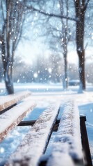 Poster - Close-up view of a snow-covered wooden bench in a winter landscape with falling snowflakes