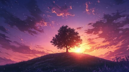 Aufkleber - Lone tree silhouetted against a vibrant sunset on a grassy hill under a colorful sky