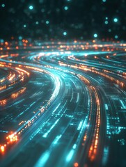 Leinwandbilder - Dynamic light trails create a vibrant abstract pattern in a digital landscape with glowing blue and orange elements. Generative AI
