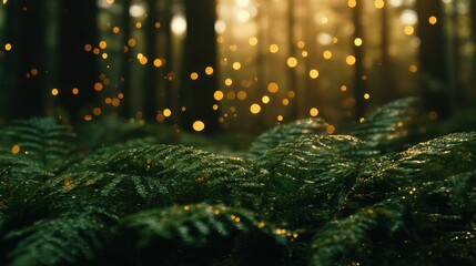 Fototapete - Bright golden bokeh highlights dancing above lush green ferns in a serene forest during the evening hours