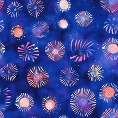 Poster - Whimsical watercolor doodles of colorful floral patterns floating in a dark blue space