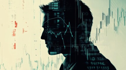 Leinwandbilder - Trader silhouette reflecting on stock market trends and financial data analytics during a busy trading session