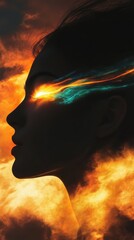 Aufkleber - Surreal representation of a glowing woman amidst vibrant, fiery clouds at dusk