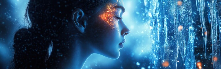 Aufkleber - Surreal representation of a glowing woman in an enchanting setting at twilight surrounded by sparkling elements