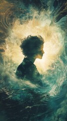 Poster - Surreal representation of a glowing woman against a vibrant, swirling backdrop during a magical twilight moment