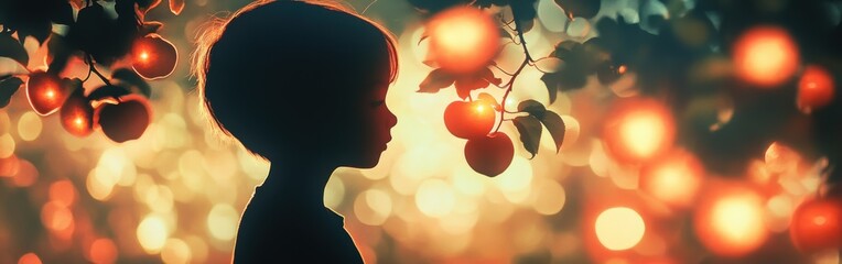 Poster - Surreal portrait capturing the silhouette of a child amid glowing apples in a magical orchard at dusk