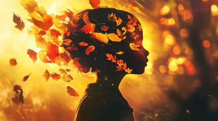 Poster - Child with glowing silhouette surrounded by falling autumn leaves in a serene forest setting during golden hour