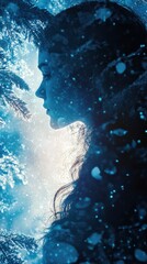 Fototapete - Serene portrait of a glowing woman surrounded by snow-laden trees in a winter wonderland at twilight