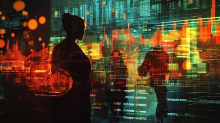Leinwandbilder - Silhouettes of individuals engaging with digital data in a high-tech environment