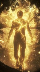 Poster - Mystical silhouette of a man surrounded by glowing energy in a forest setting during twilight