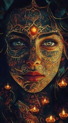 Poster - Mystical representation of a woman's glowing face adorned with intricate patterns