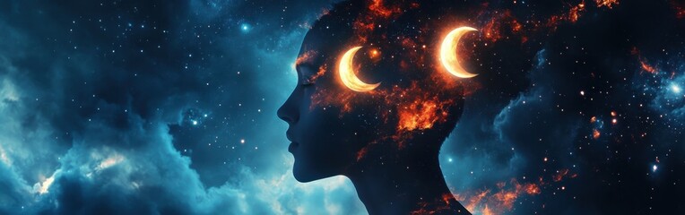 Poster - Mystical profile of a man filled with cosmic elements and celestial bodies in a dreamlike atmosphere